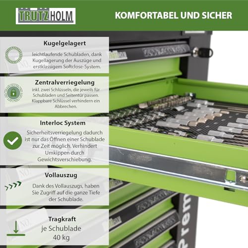 TrutzHolm® Werkstattwagen Premium XXL bestückt Profi-Werkzeug aus Chrom-Vanadium 7 Schubladen und ein Seitenfach gefüllt Assistent Werkzeugwagen - 10